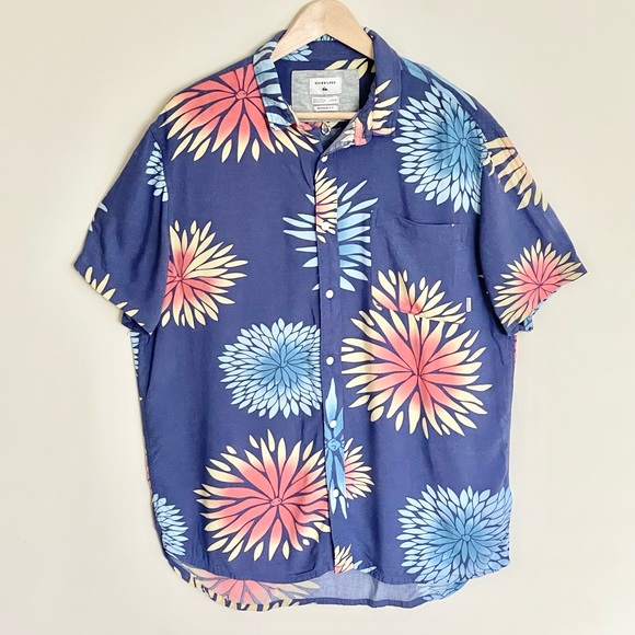 Quiksilver Variable Floral Bijou Blue SS Button Down Shirt Mens Large Modern Fit - Picture 2 of 8